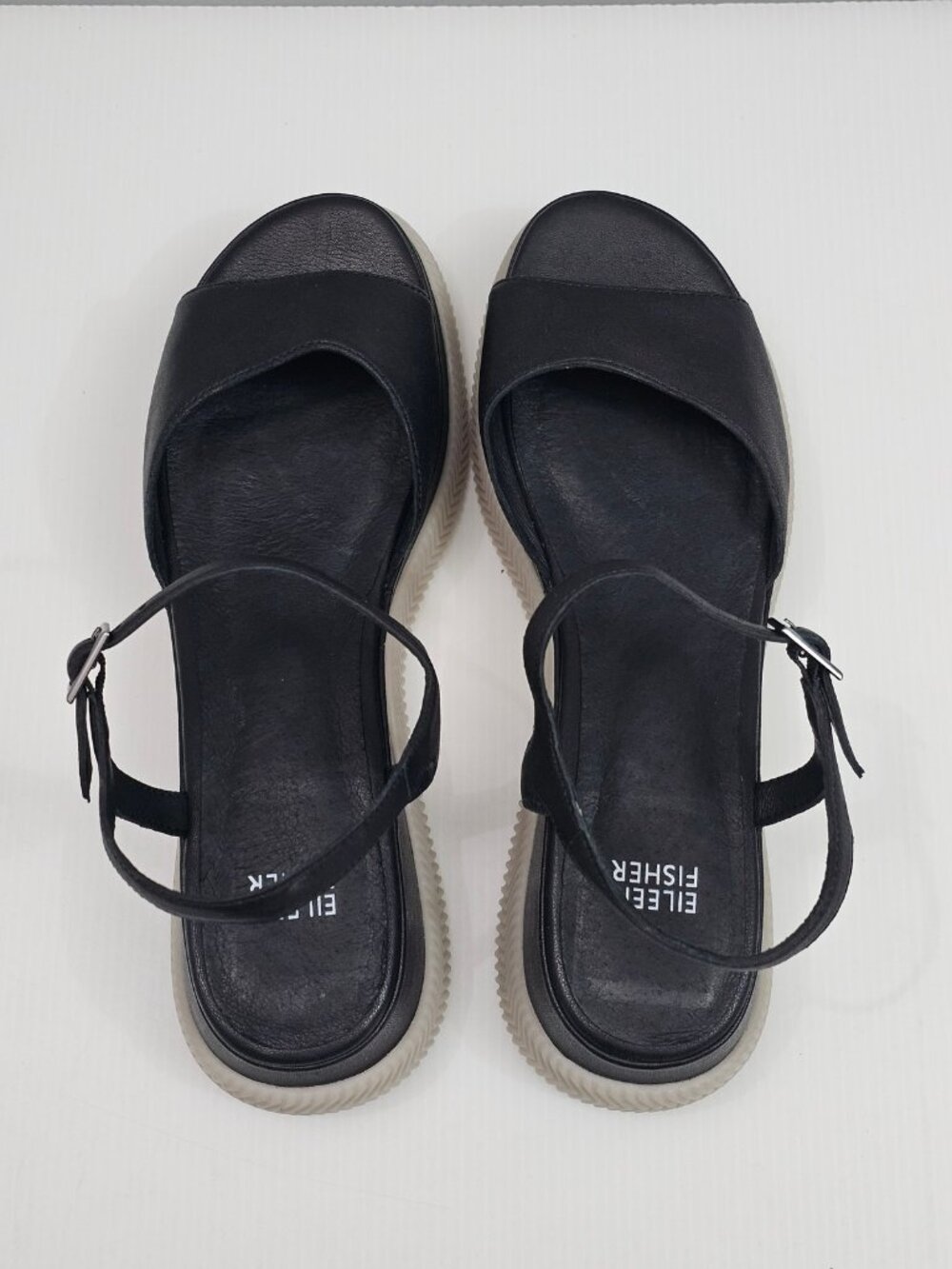 Eileen Fisher Airo Platform Wedge Sandal Womens 9 Black Leather Ankle Strap - Picture 8 of 13